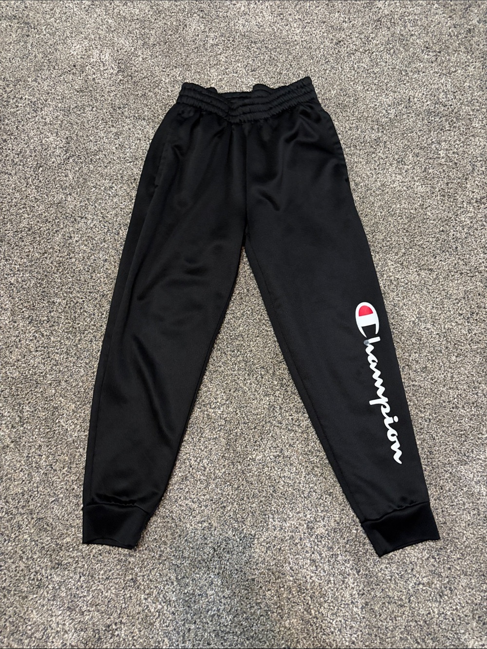 Boys Champion Black Joggers with White Script and Red Logo Size 8